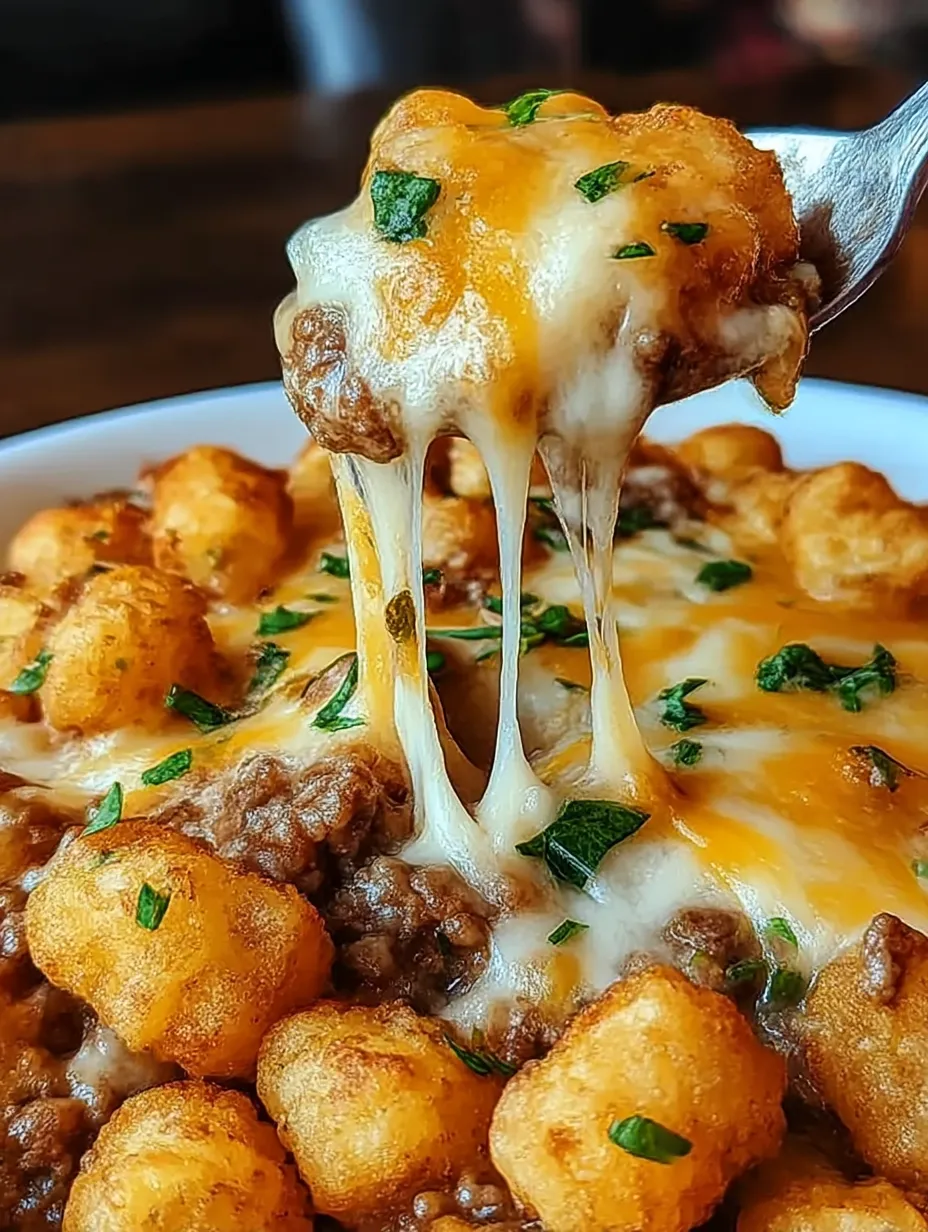 A close up of a cheesy tater tot casserole.