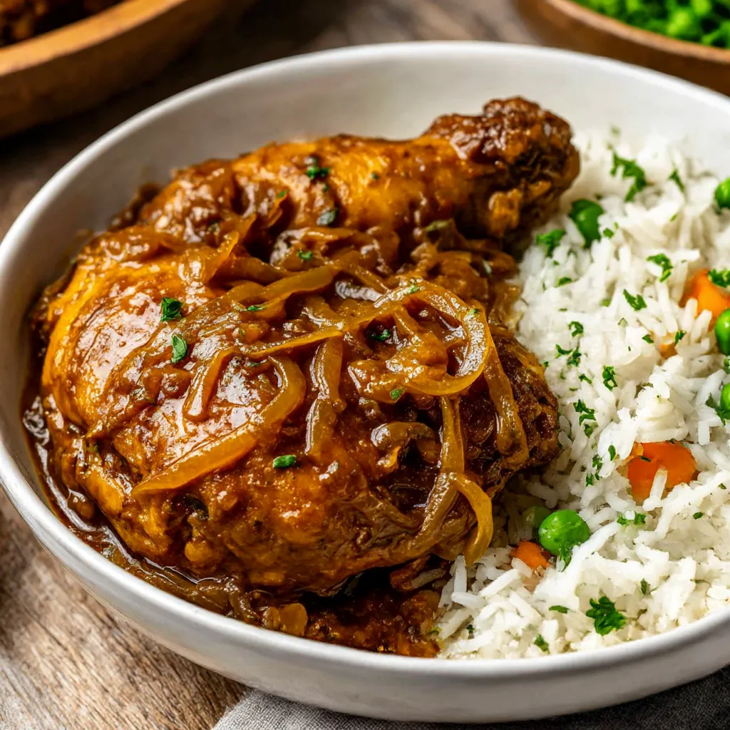 A plate of food with rice and chicken.