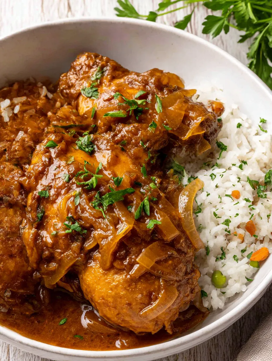 A bowl of chicken with rice and onions.