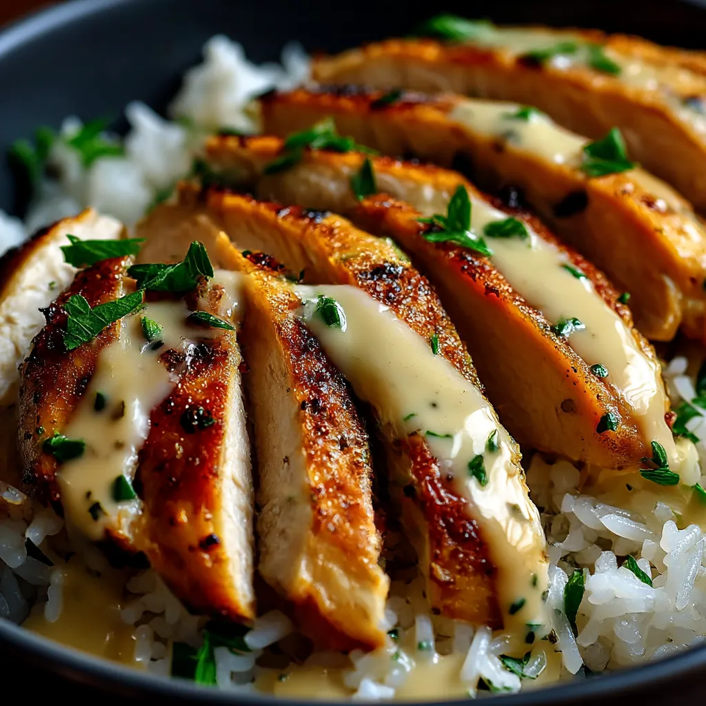 A bowl of chicken and rice with a creamy garlic sauce.