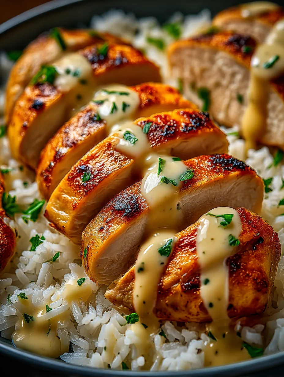 Chicken and rice bowls with creamy garlic sauce.