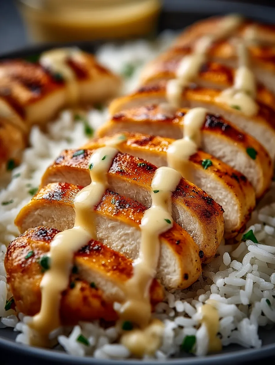 A plate of chicken and rice with a creamy garlic sauce.