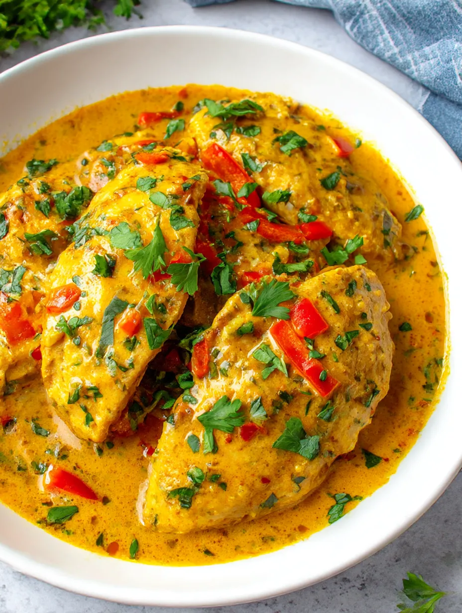 A bowl of spicy chicken with a yellow sauce.
