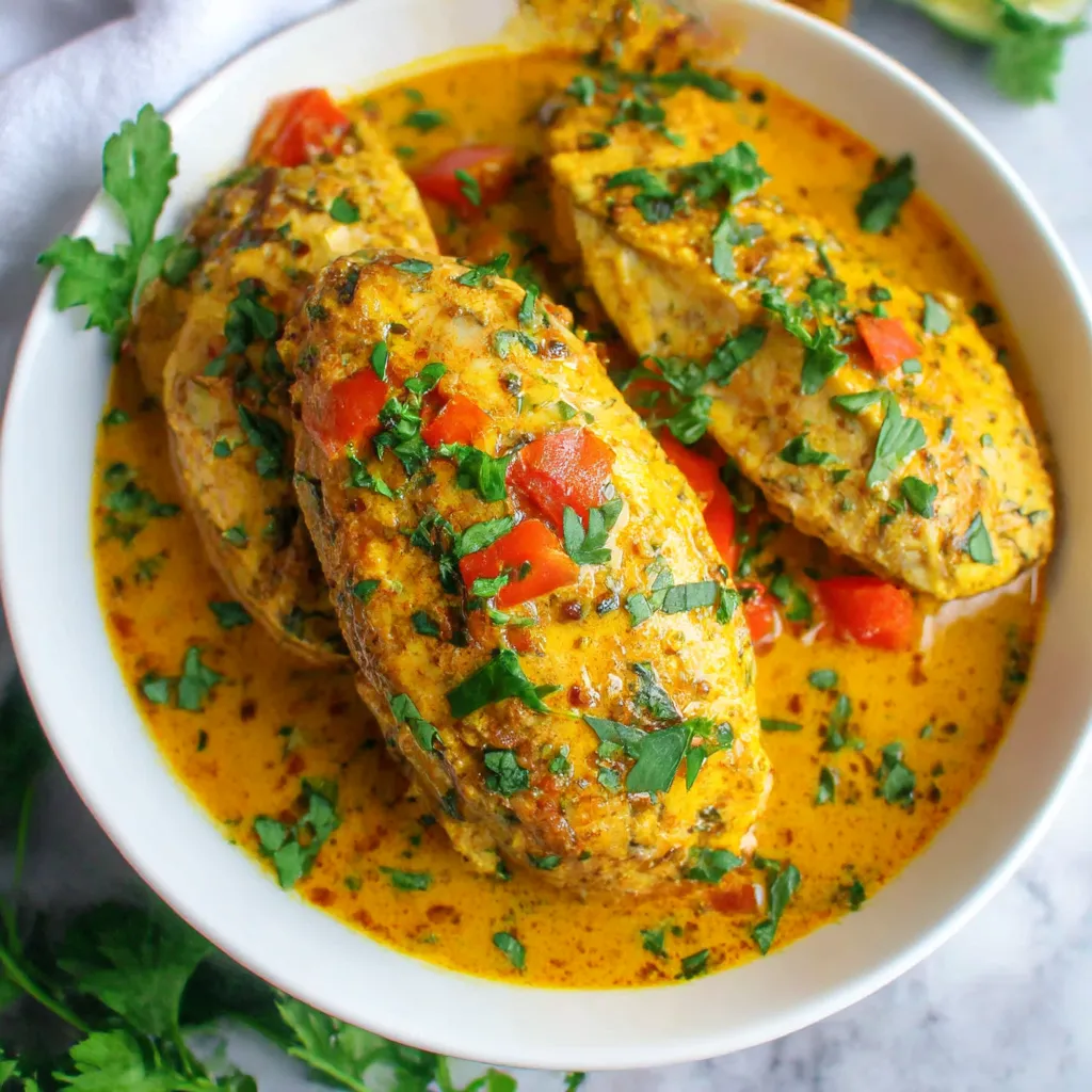 A bowl of chicken with tomatoes and green herbs.