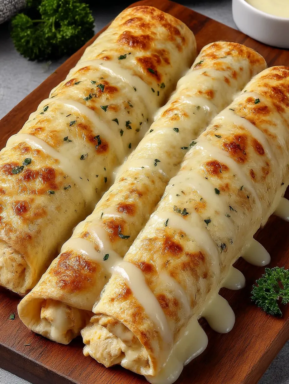 Two garlic chicken wraps on a wooden board.