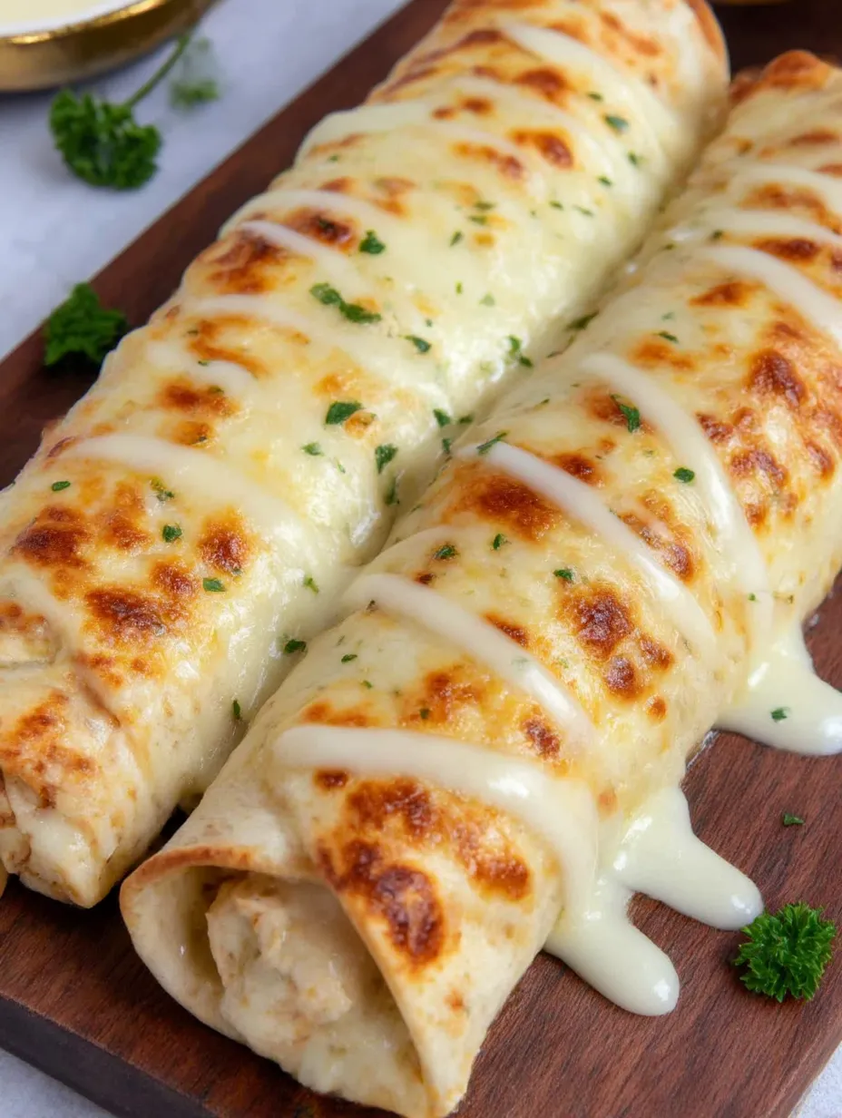 Two garlic chicken wraps on a wooden board.