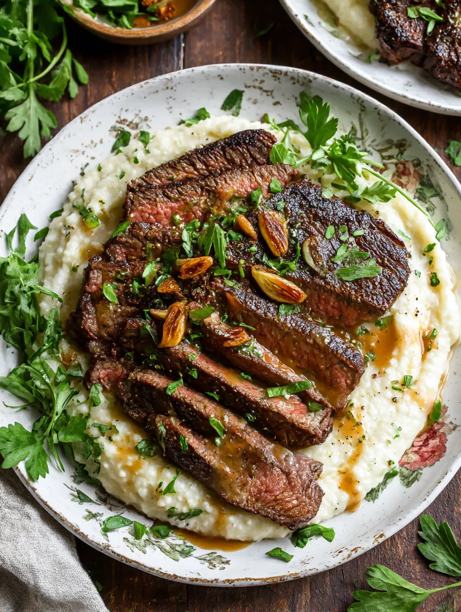 A plate of food with a brown steak and cauliflower.