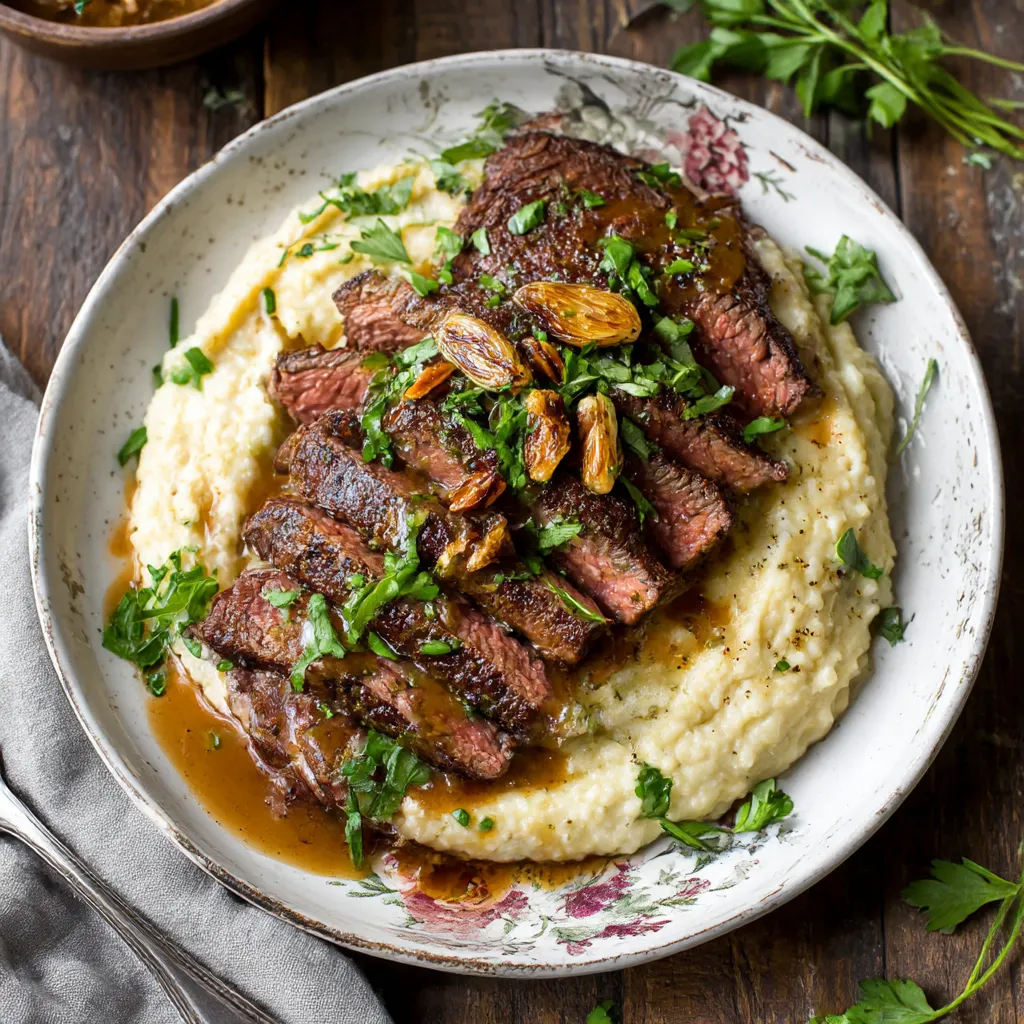 A plate of food with a brown steak and cauliflower.