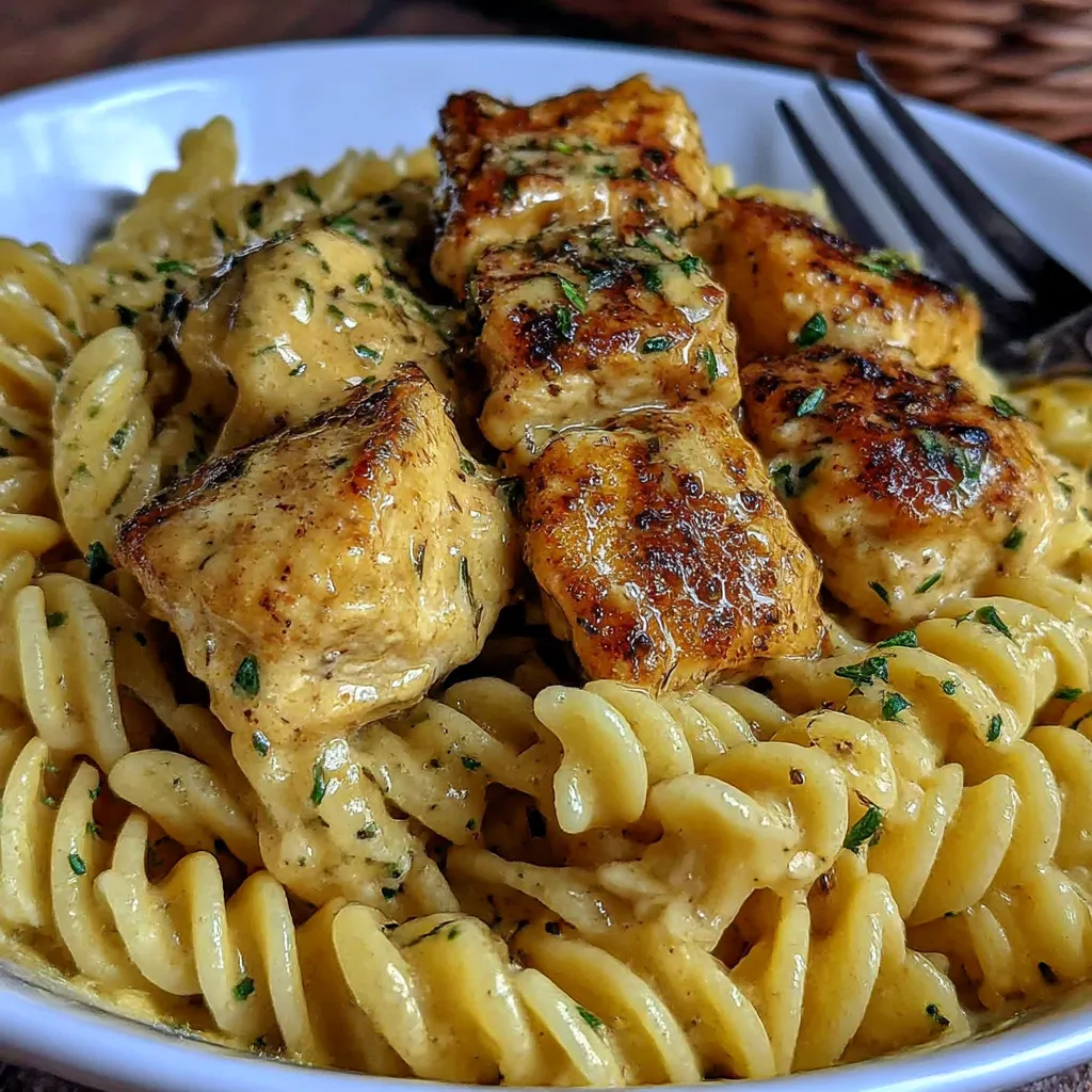 A plate of food with chicken and pasta.
