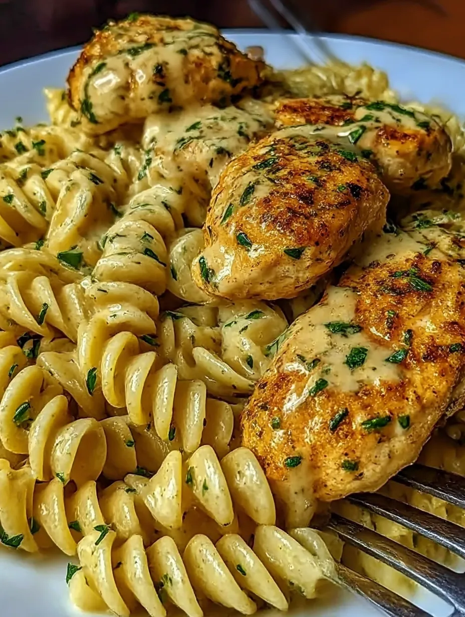 A plate of food with chicken and pasta.