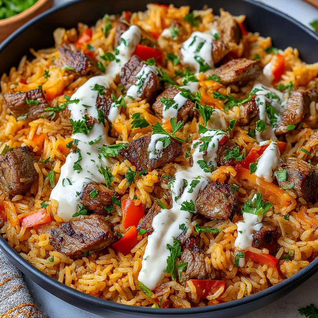 A plate of rice with meat and cheese on top.