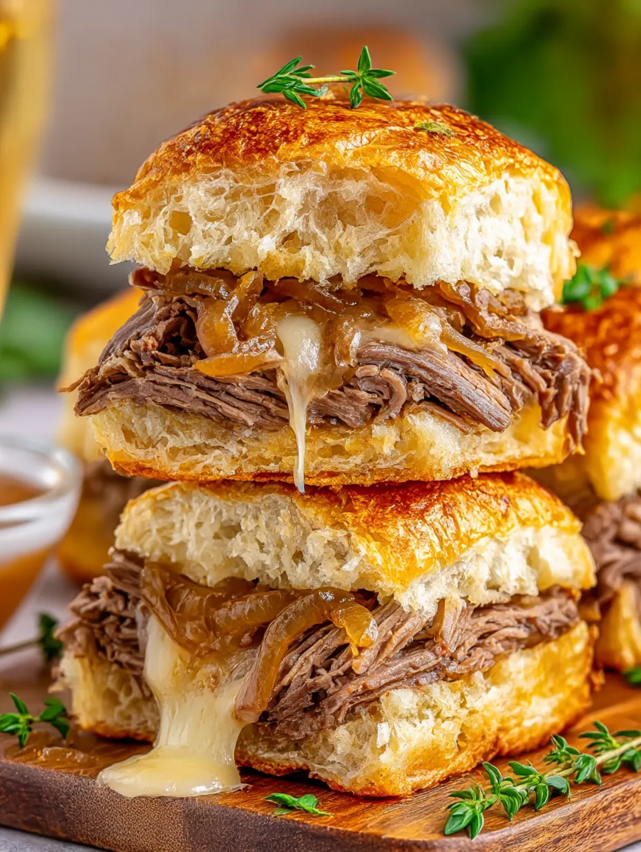 A stack of French dip sandwiches with cheese and onions.