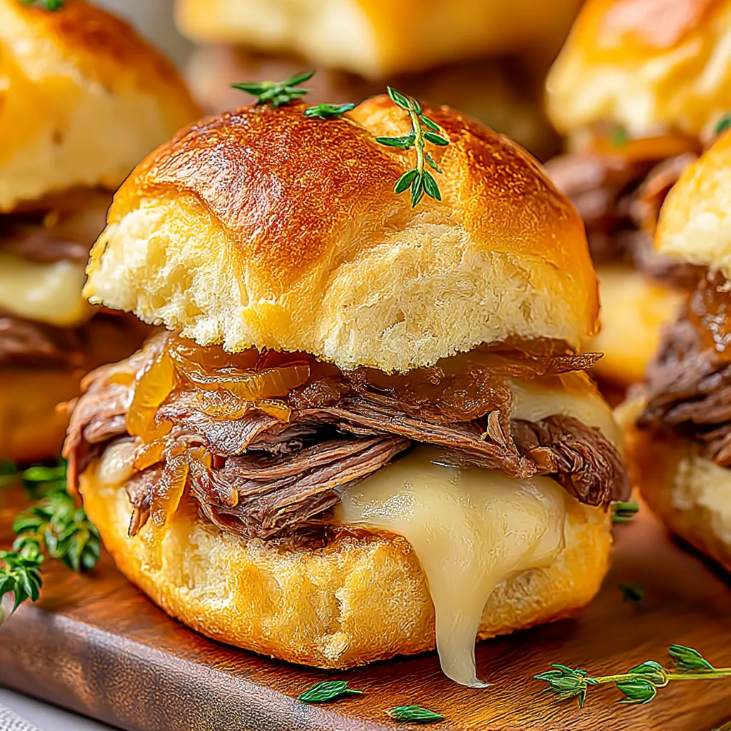 A close up of a delicious French dip slider.