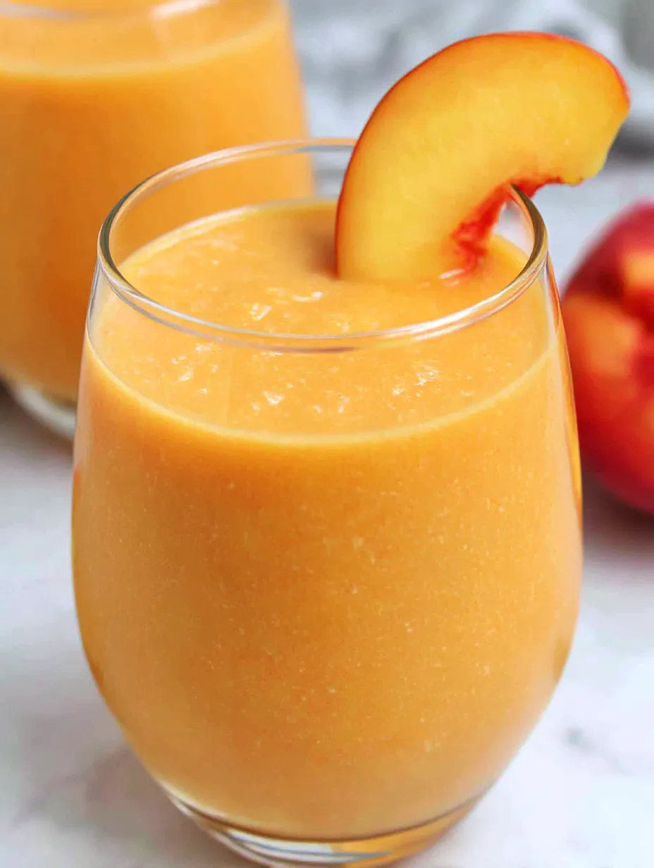 A glass of peach juice with a slice of peach in it.