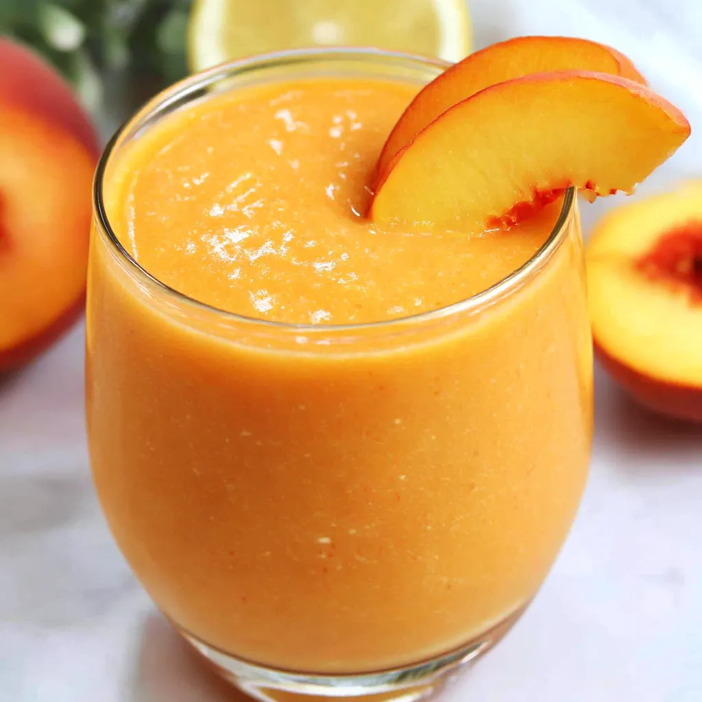 A glass of peach juice with a slice of peach on top.