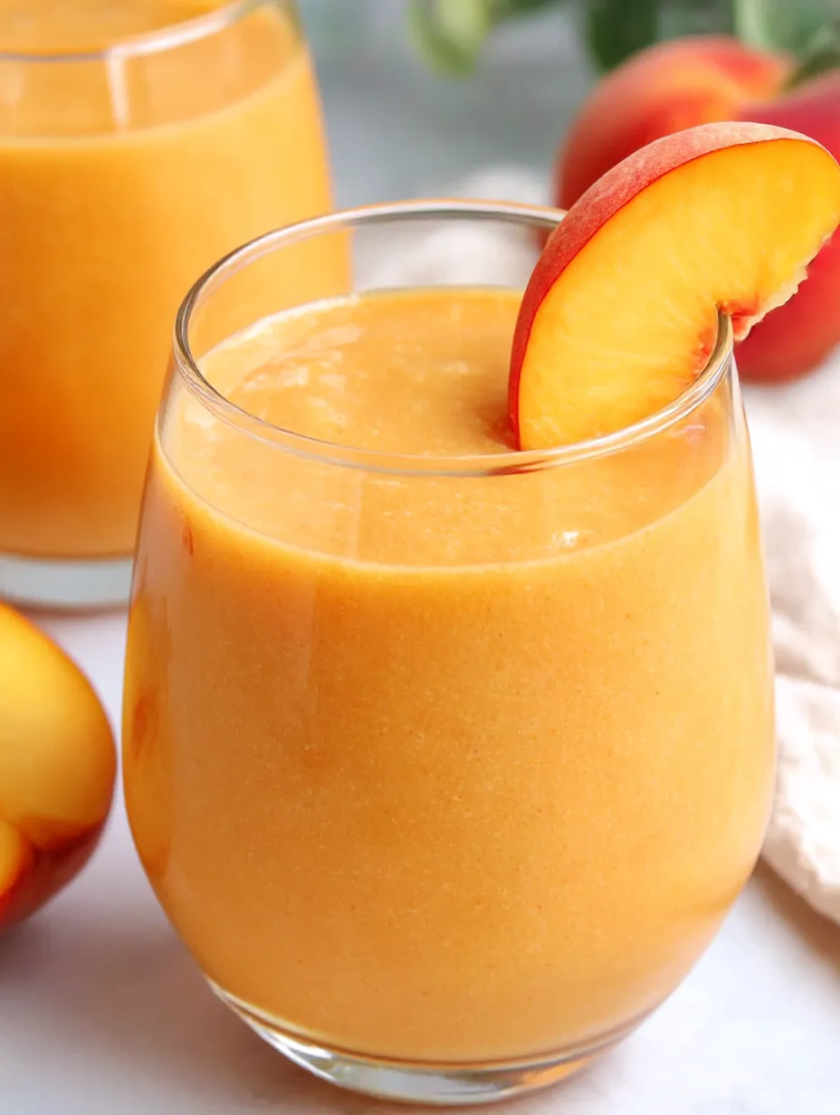 A glass of peach juice with a peach slice on top.