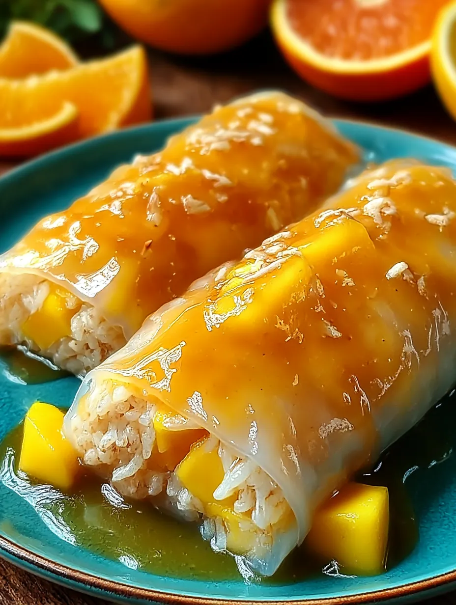 Two sweet mango sticky rice rolls on a plate.