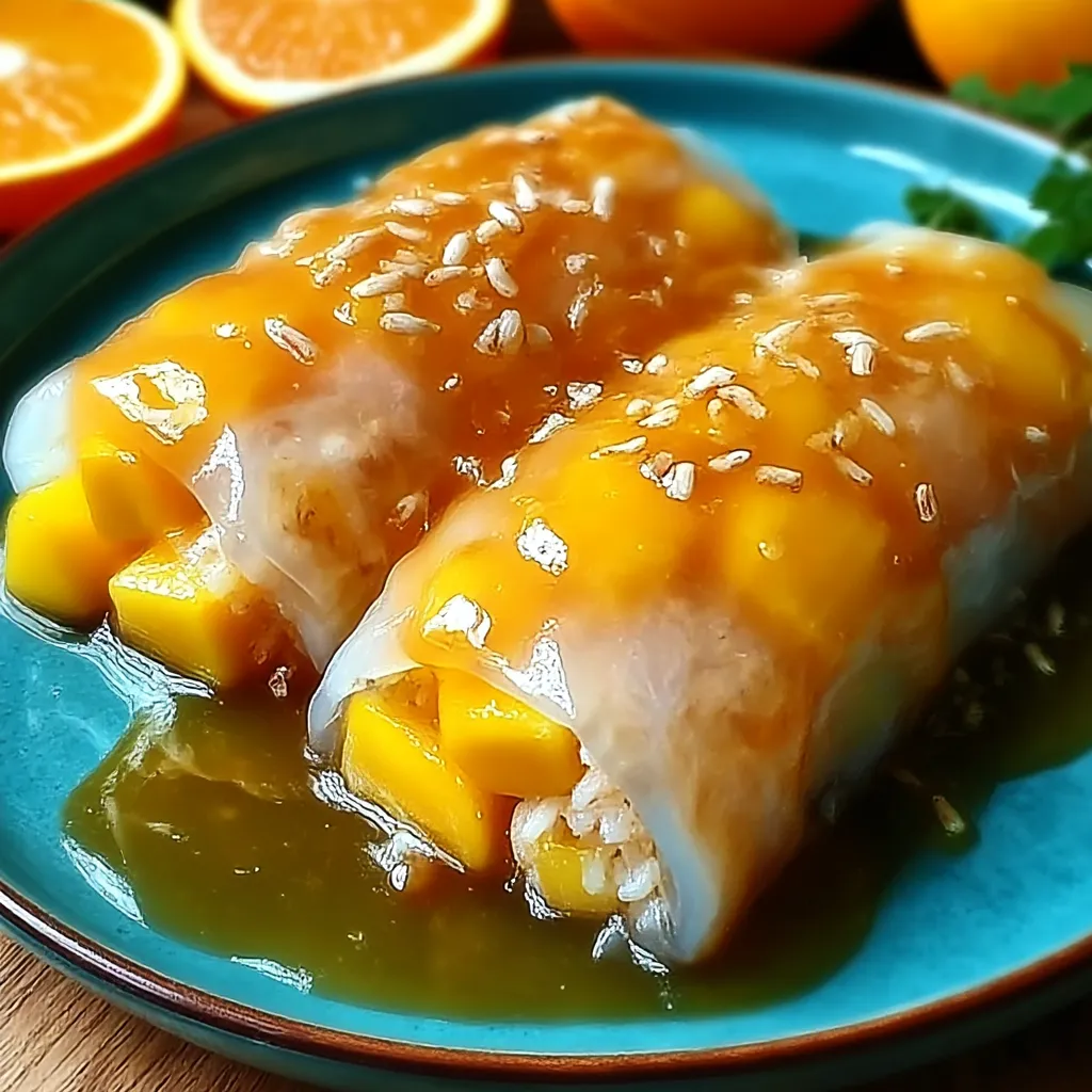 Sweet Mango Sticky Rice Rolls on a blue plate.