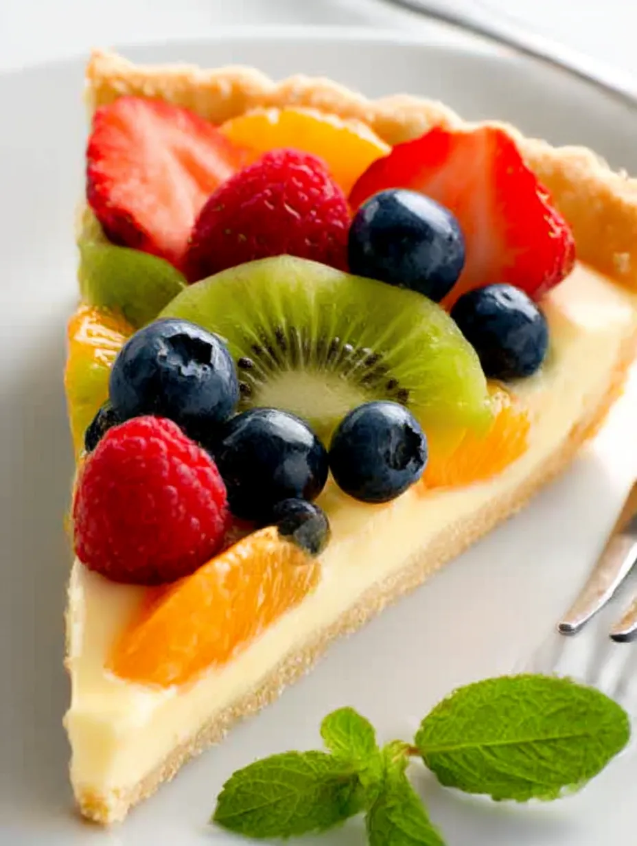 A slice of fruit pie with blueberries, kiwi, strawberries, and orange.