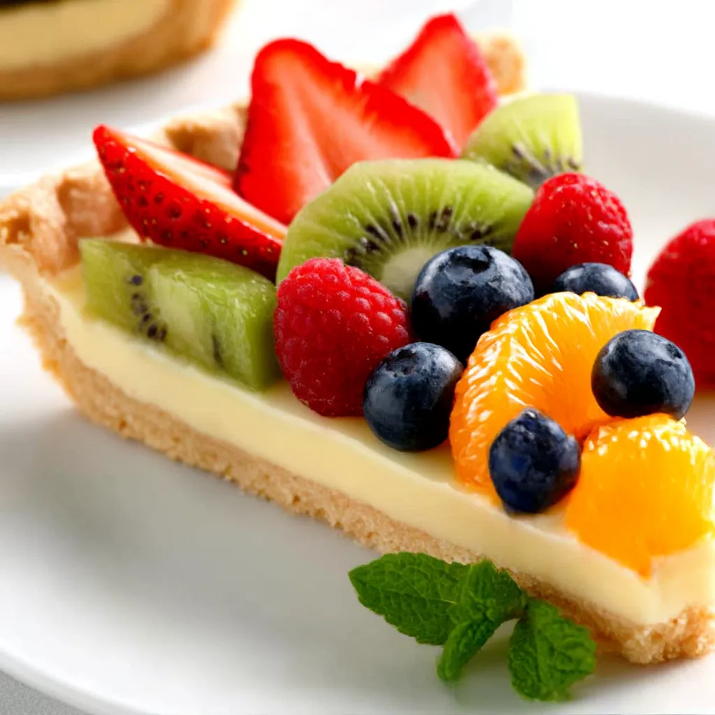 A slice of fruit tart with kiwi, strawberries, blueberries, and orange slices.