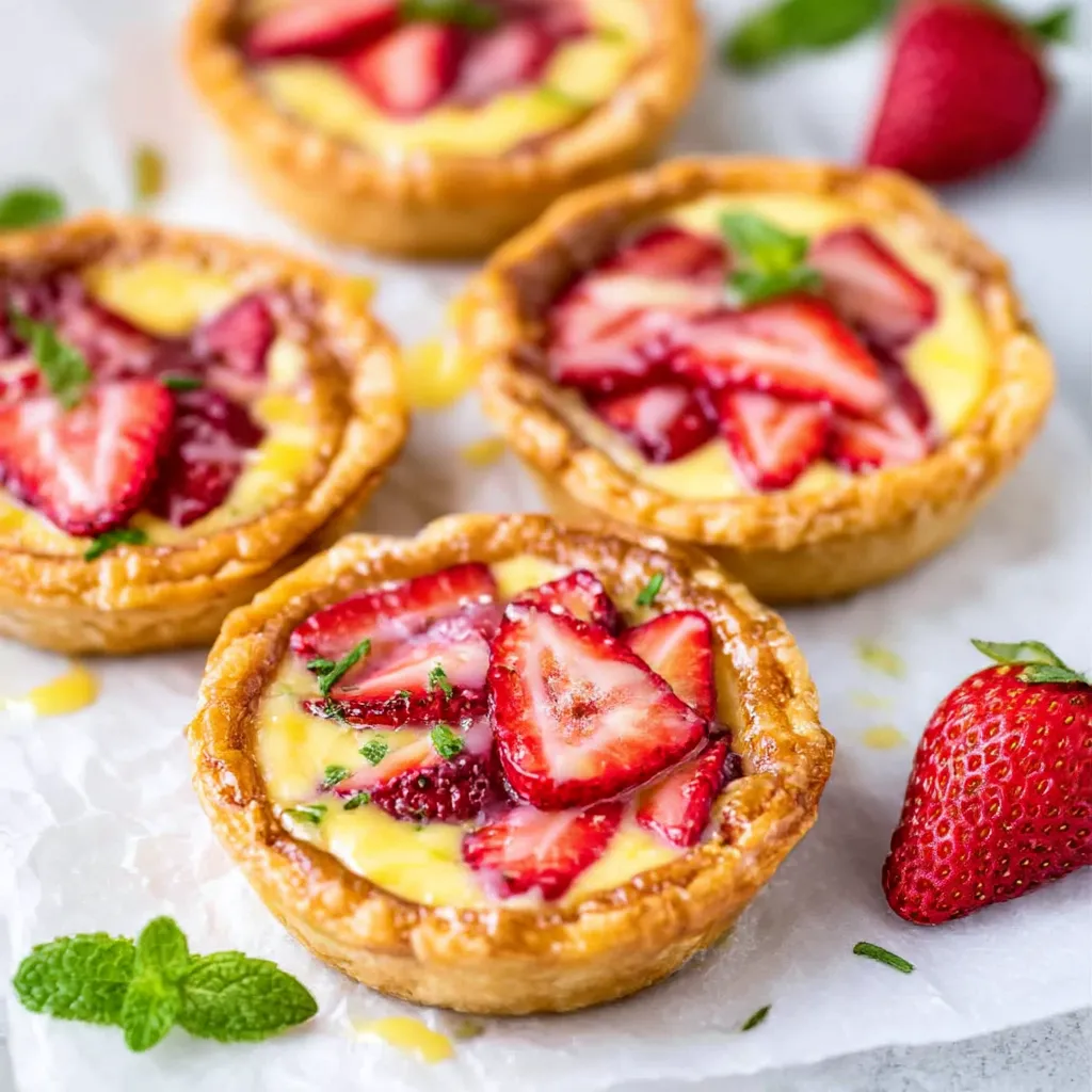 Four tarts with strawberries and lemon curd.