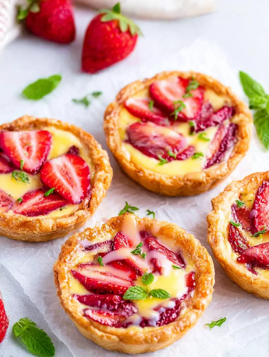 Four small tarts with strawberries and cream.