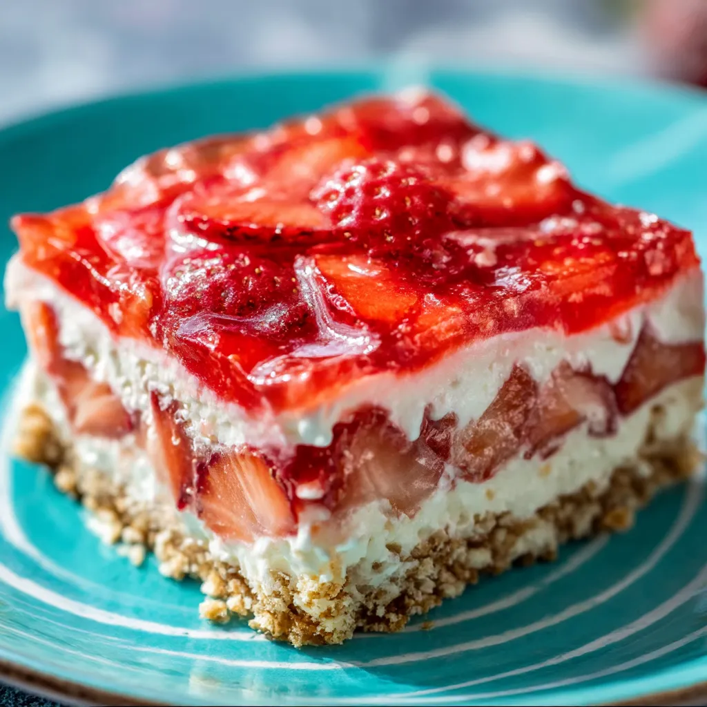 A slice of strawberry pretzel salad.