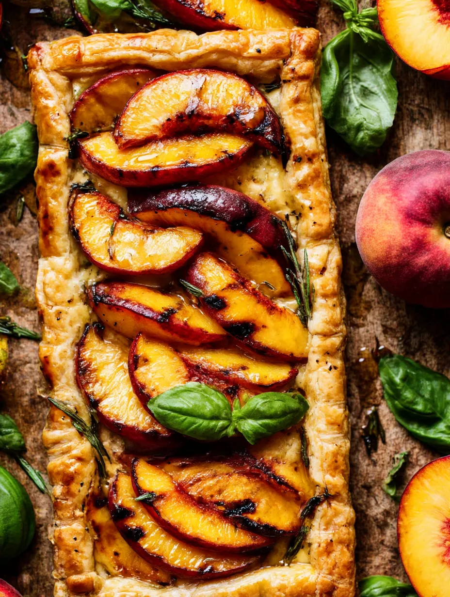 A pastry with peaches and rosemary.