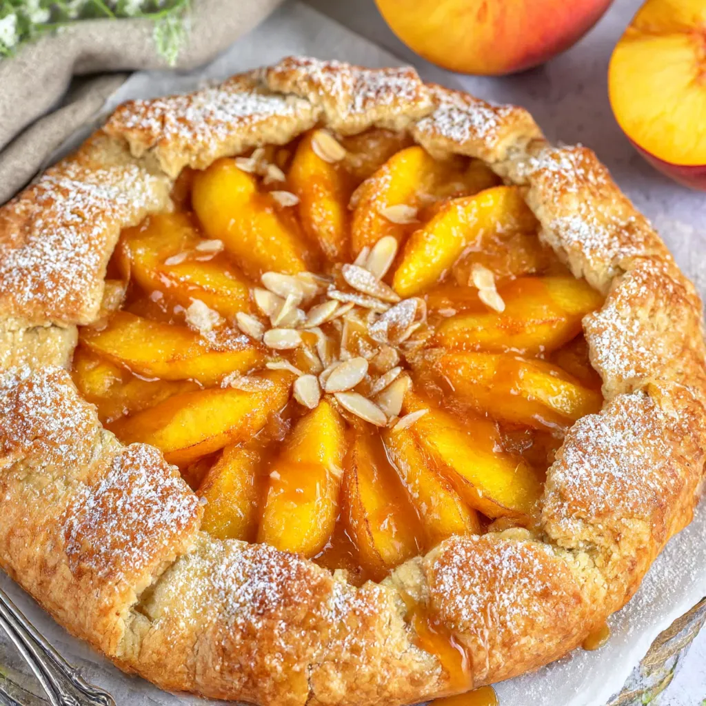 A peach galette with a golden brown crust.