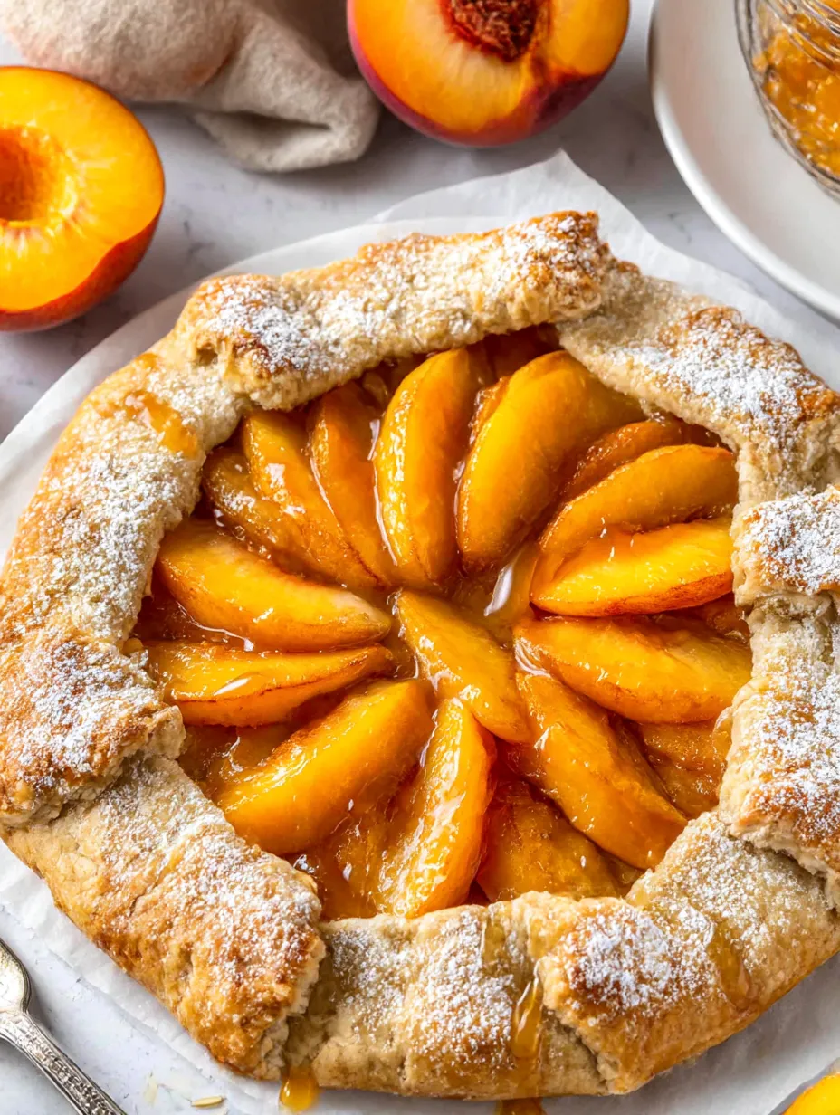 A peach galette with a white powdered sugar topping.