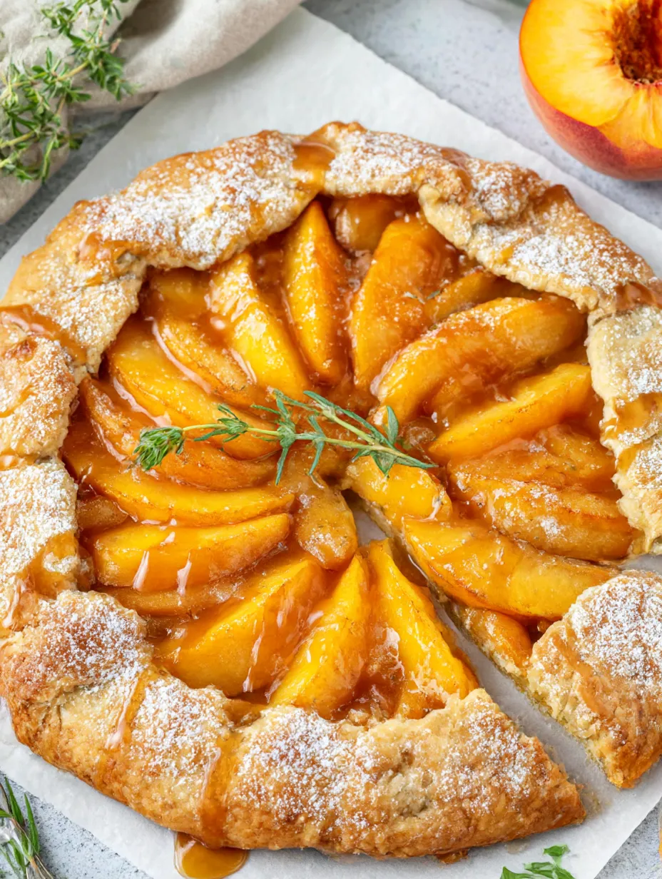 A peach galette with a sprig of mint on top.