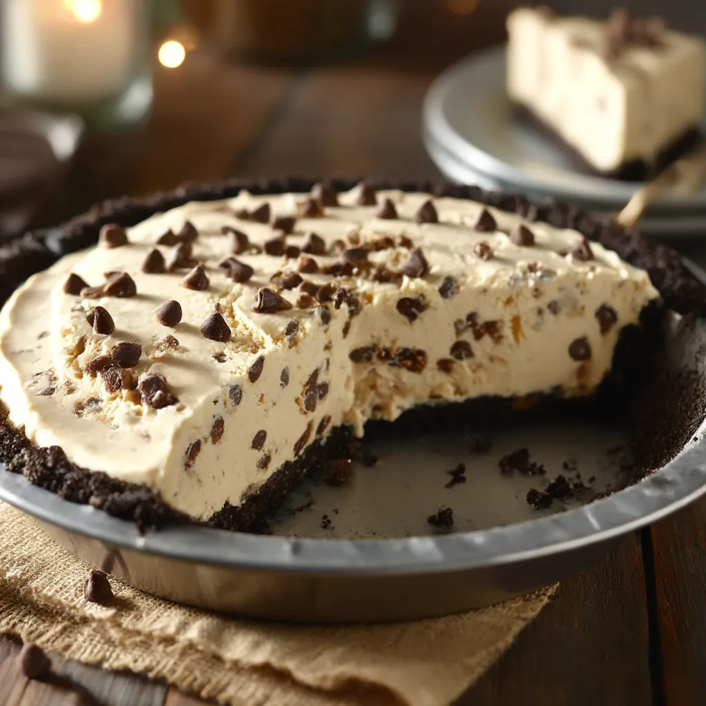 A slice of chocolate chip peanut butter pie.