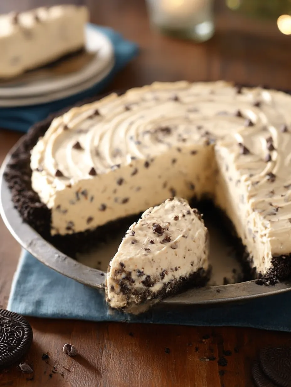 A slice of chocolate chip peanut butter pie.