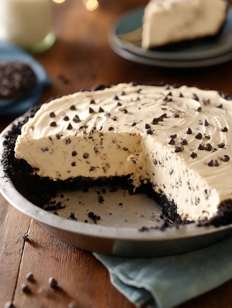 A slice of chocolate chip peanut butter pie.