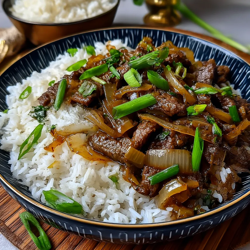 A bowl of Chinese beef and onion stir fry.