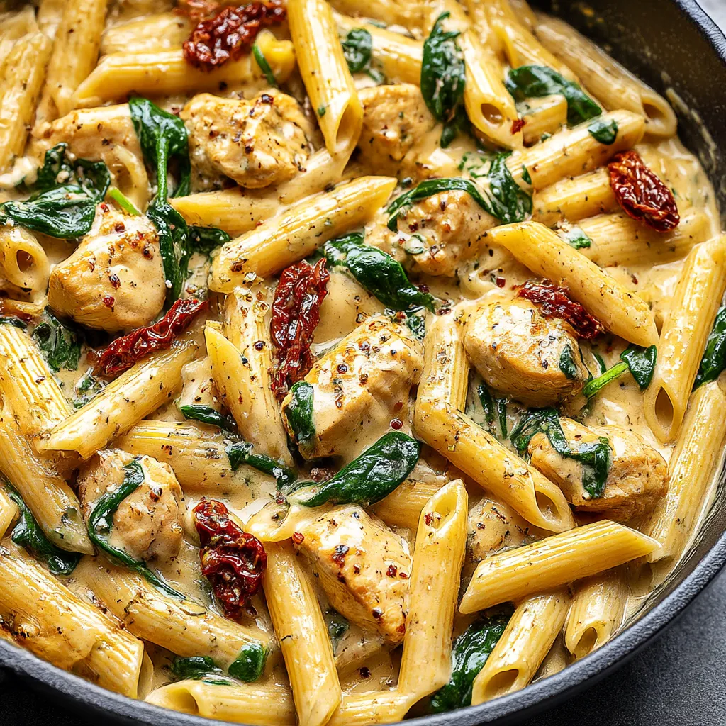 A bowl of pasta with chicken and sauce.