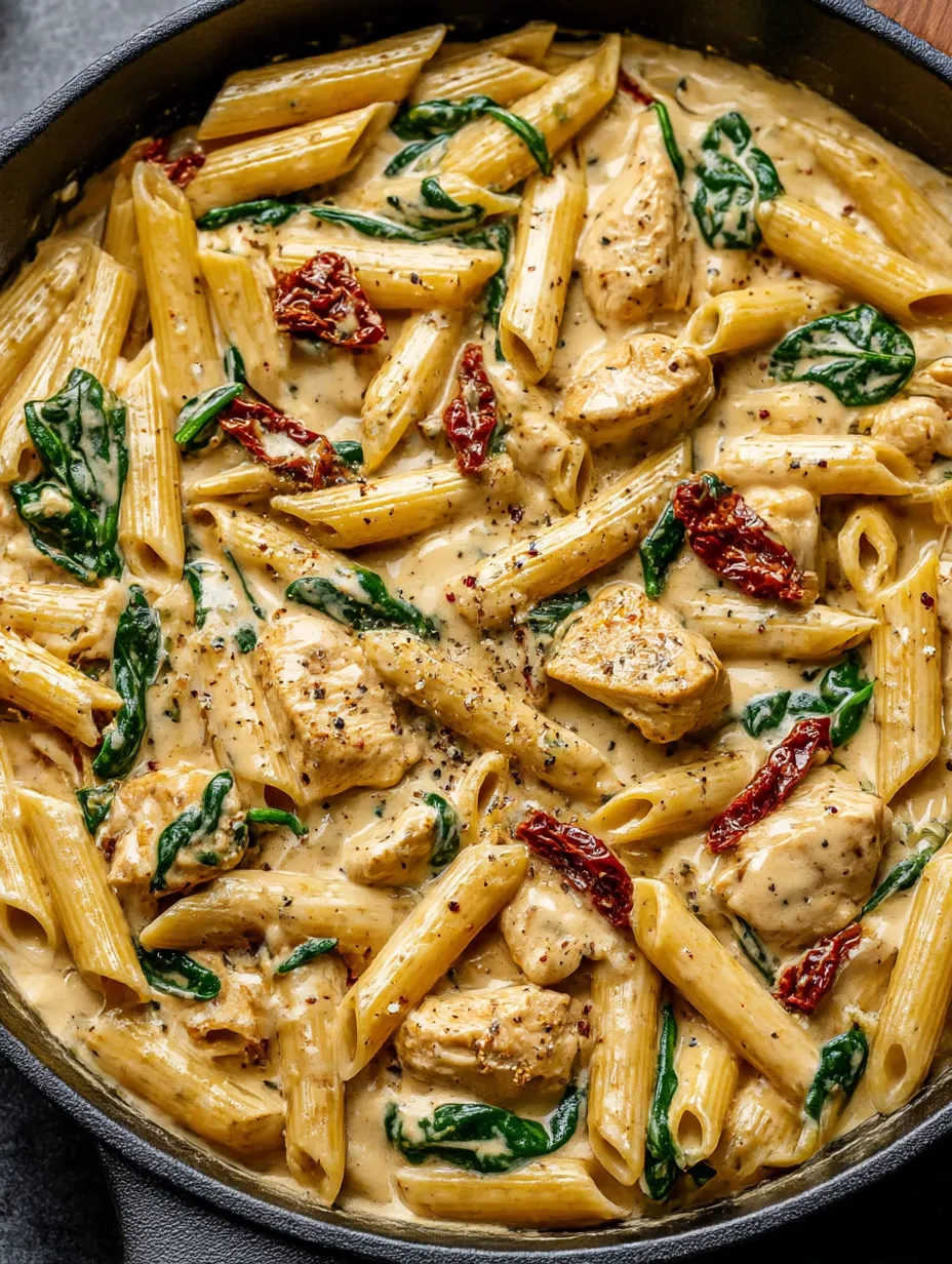 A creamy chicken pasta dish with red peppers.