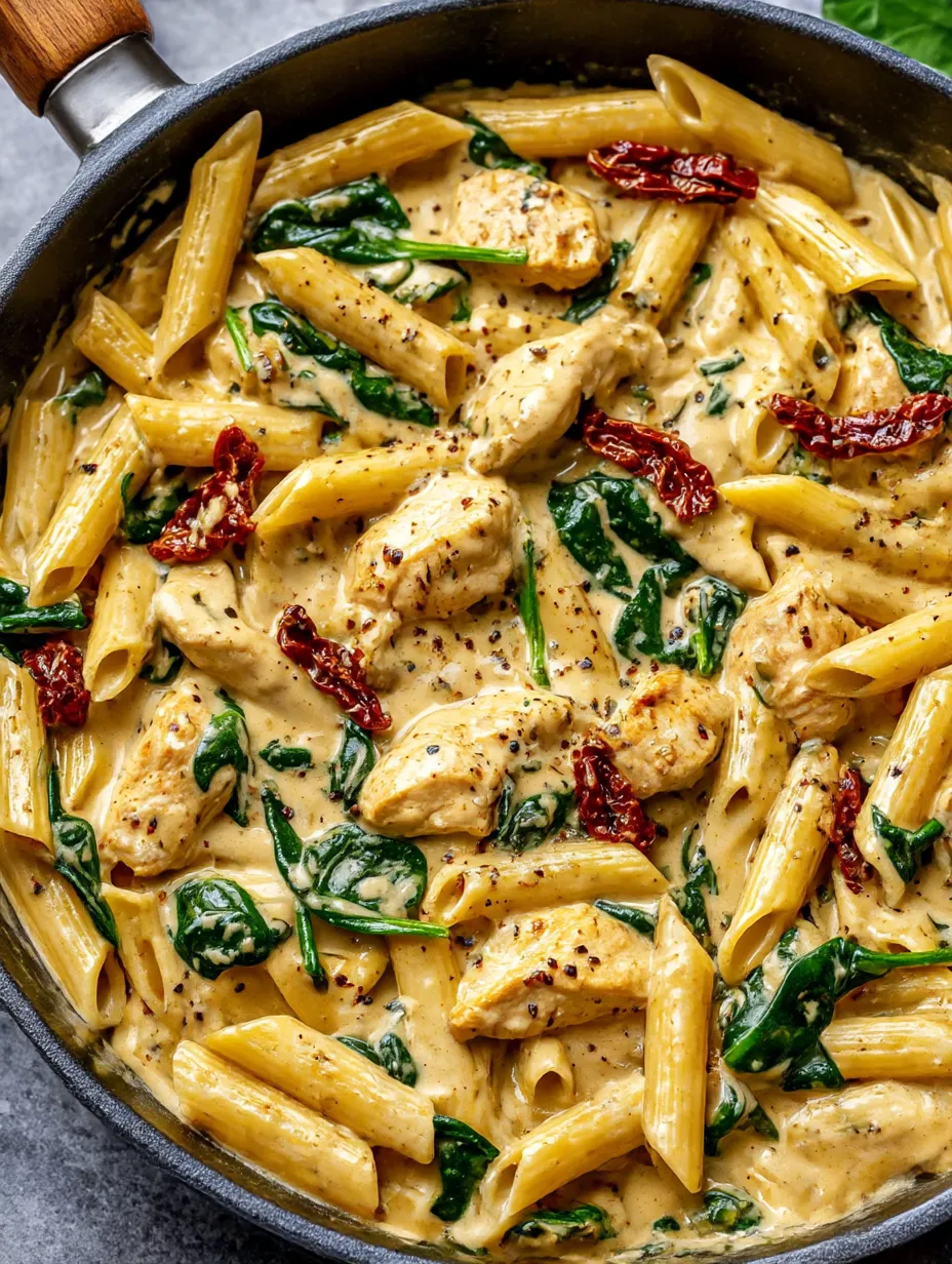 A creamy chicken pasta dish with a lot of green vegetables.