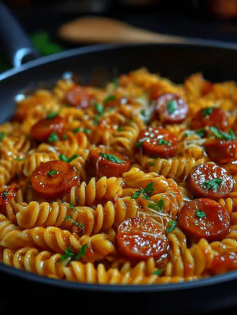 A close up of a delicious one-skillet spicy honey BBQ sausage and pasta dish.