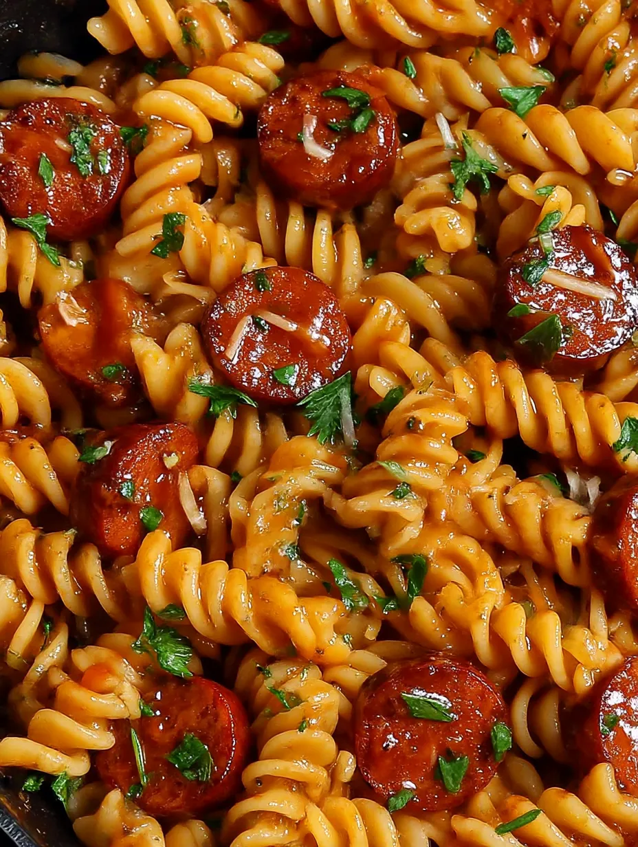 A plate of pasta with sausage and honey.