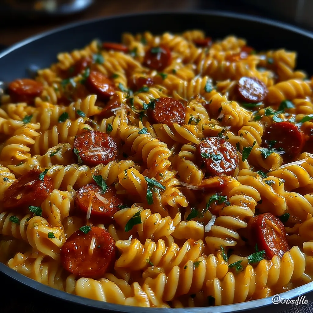 A plate of pasta with sausage and honey.