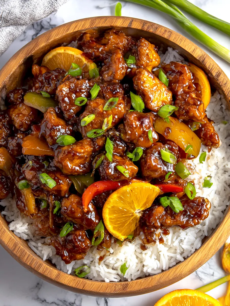 A bowl of orange chicken with rice.