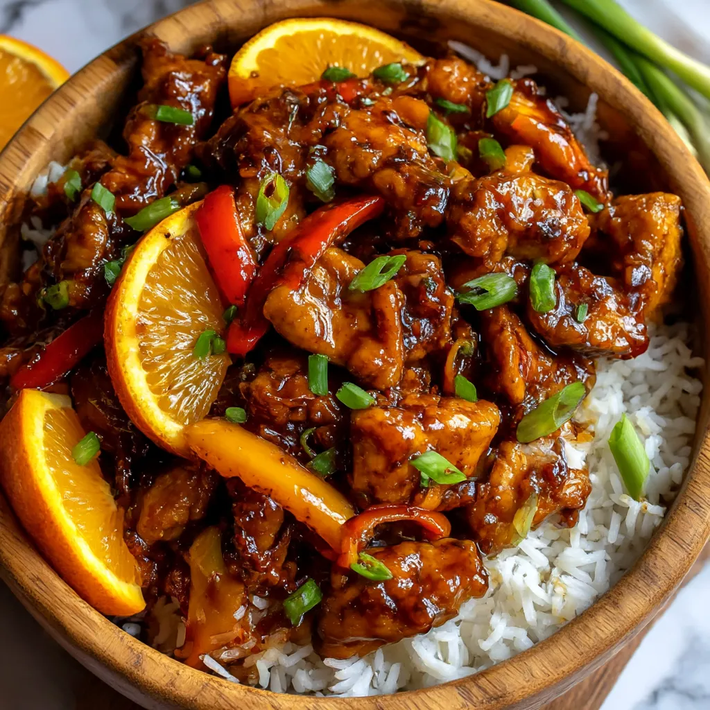 A bowl of juicy blackstone orange chicken.