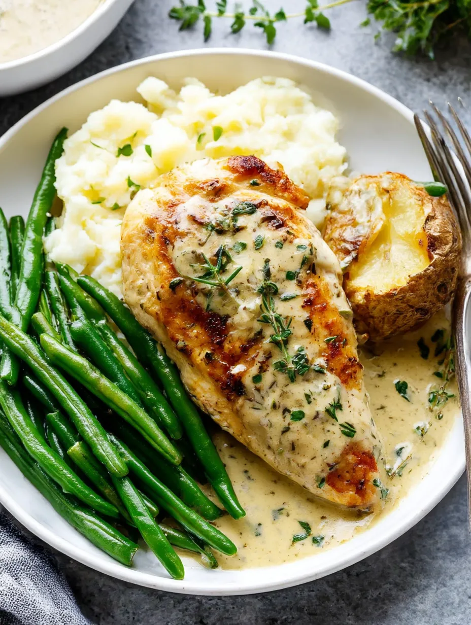 A plate of food with chicken, potatoes, and green beans.