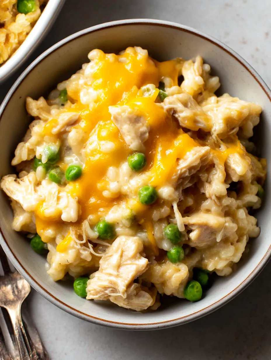 A bowl of creamy chicken and rice casserole.