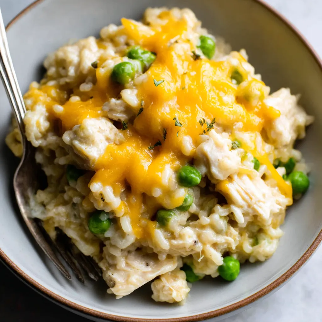 A creamy chicken and rice casserole with peas and cheese.