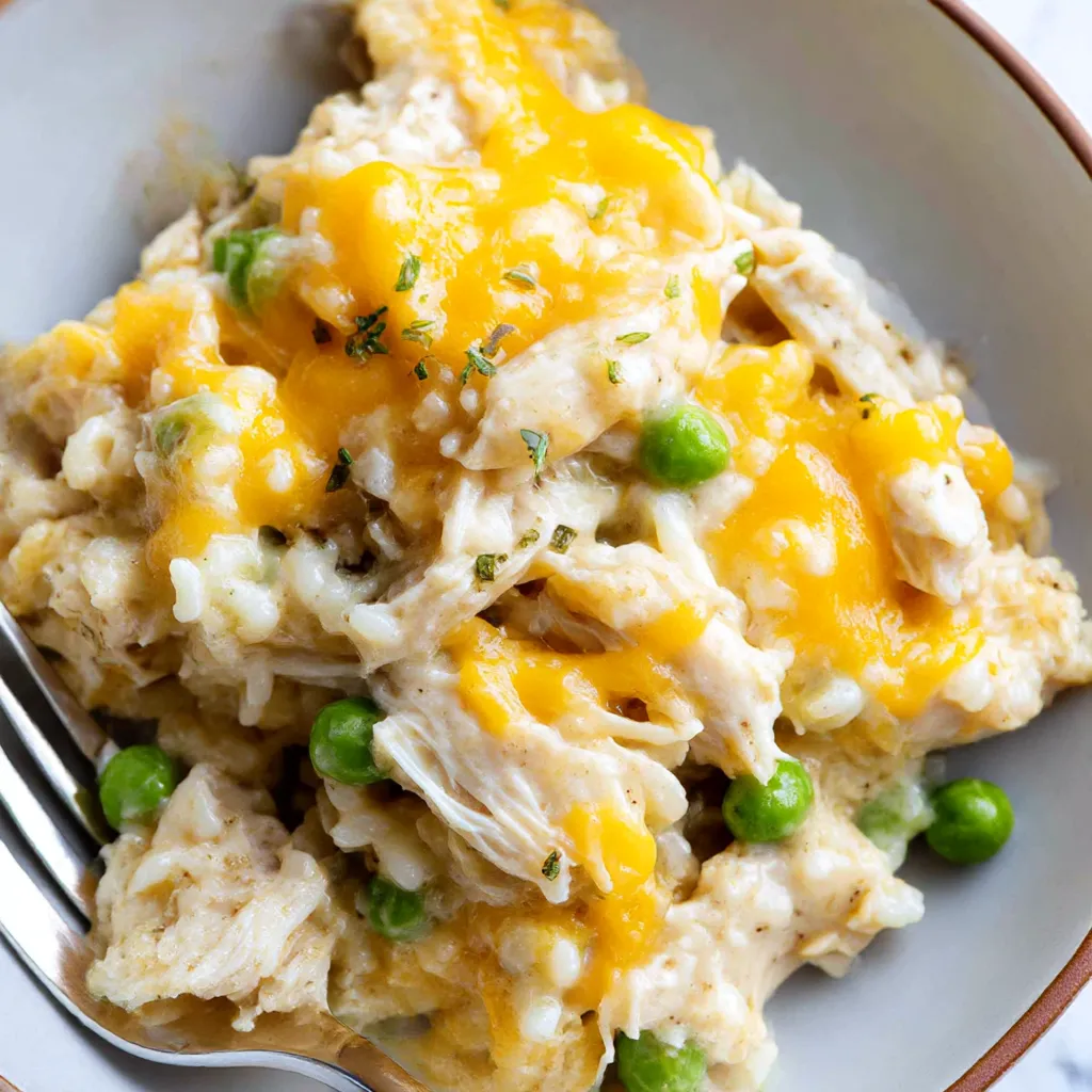 A plate of creamy chicken and rice casserole.