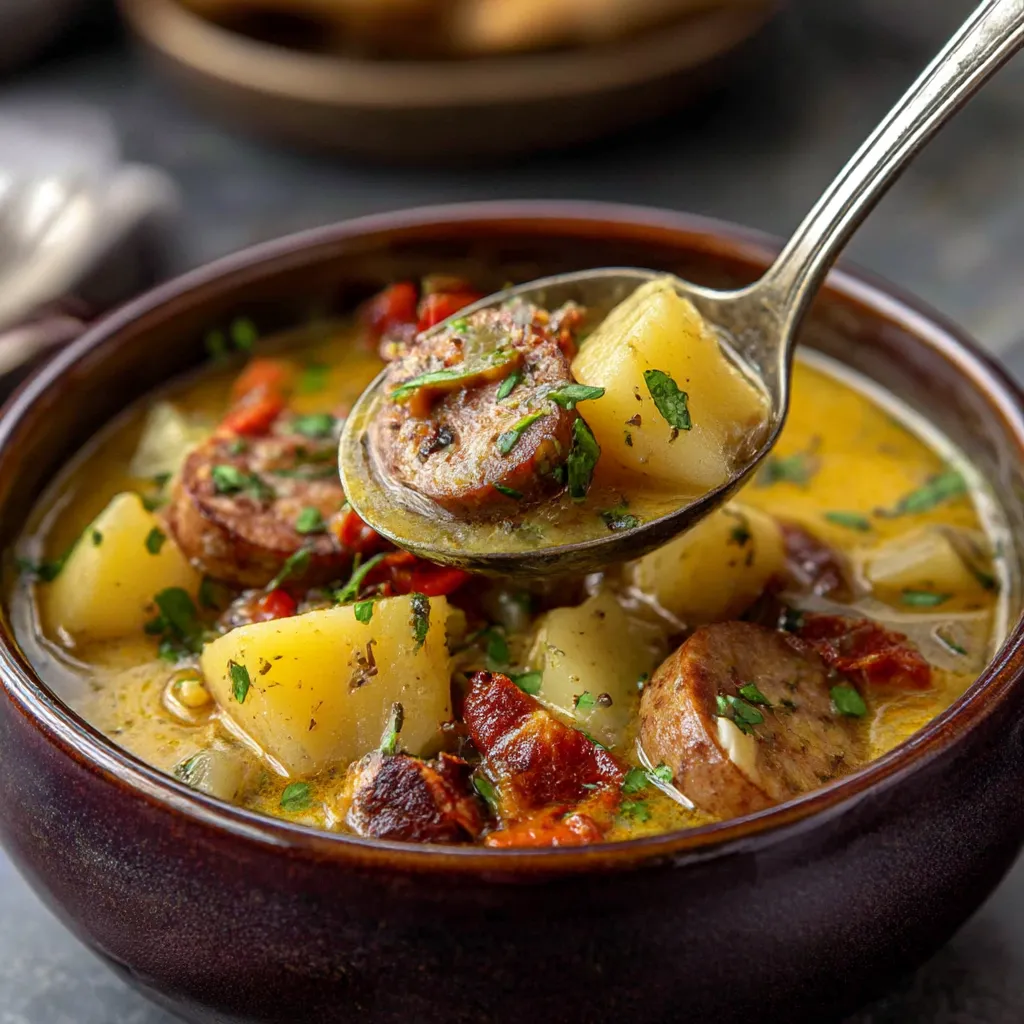 A spoon is in a bowl of soup.