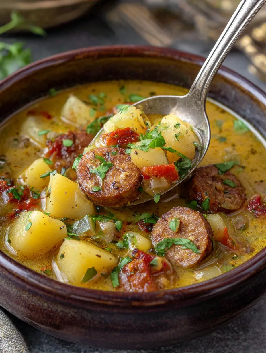 A spoon is in a bowl of soup.