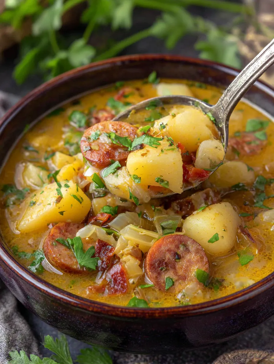A spoon is in a bowl of soup.
